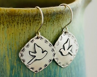 Mountain Bluebird Argentium Sterling Silver Earrings, Fused Silver Bird Silhouette Earrings