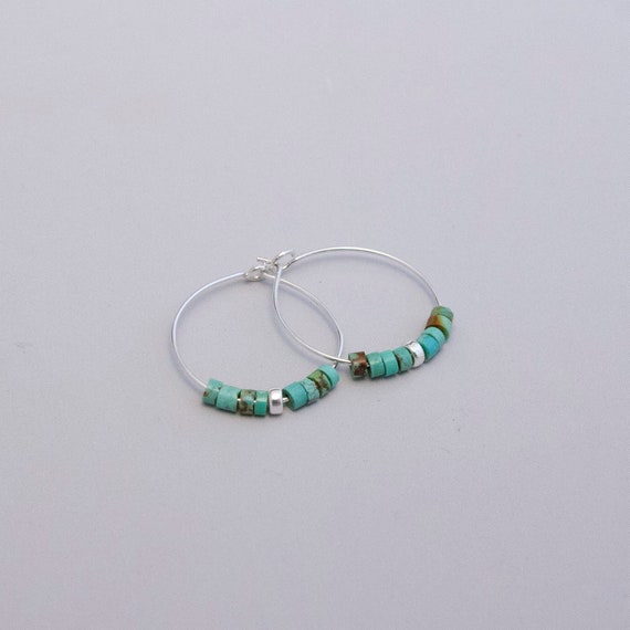 Silver Hoops with green turquoise accent