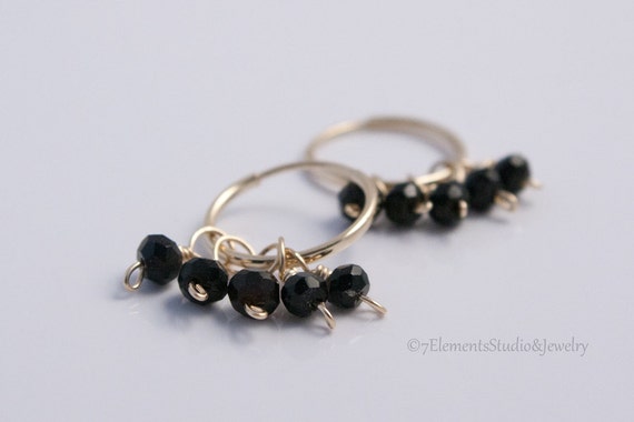 14K Gold Endless Hoop Earrings with Black Spinel, Small Gold Endless Hoops