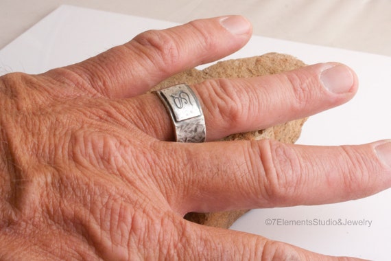 Rustic Mens Ring, Rugged Sterling Signet Ring, Silver Signet Ring, Finger-Shaped Men's Ring, Squared Ergonomic Ring