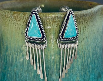 Turquoise and Sterling Silver Bezel Set Fringe Earrings