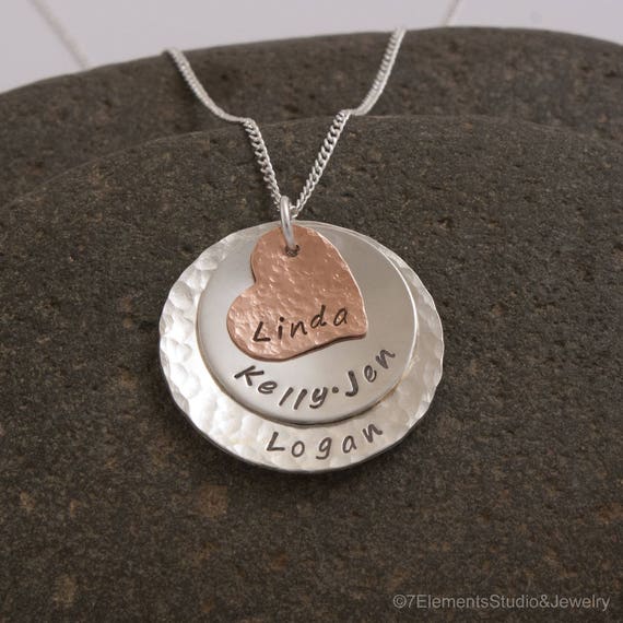 Hammered Copper and Silver Mother's  Necklace, Grandmother's Necklace, Personalized Heart Necklace