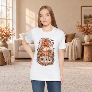 Pumpkin Patch Halloween Shirt or Hoodie, Cottagecore Ghost and Gingham Bow Big Back Print