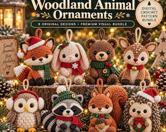 May include: A digital crochet pattern bundle featuring eight woodland animal ornaments including a fox, rabbit, bear, deer, owl, raccoon, squirrel, and hedgehog. Each ornament is crocheted with yarn and includes festive accessories like scarves and hats.