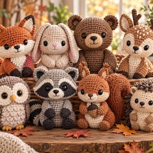 Op de afbeelding: Een verzameling van acht gehaakte knuffeldieren, waaronder een vos, konijn, beer, hert, uil, wasbeer, eekhoorn en egel. Elk figuur is voorzien van gedetailleerd garenstikwerk, donkere plastic ogen en kenmerkende dierlijke eigenschappen.