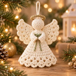 May include: A cream-colored crocheted angel ornament featuring a textured dress with a scalloped hem, detailed wings, and a gold-toned halo. The figure holds a small green bow at the center of its chest and includes a loop at the top for hanging.