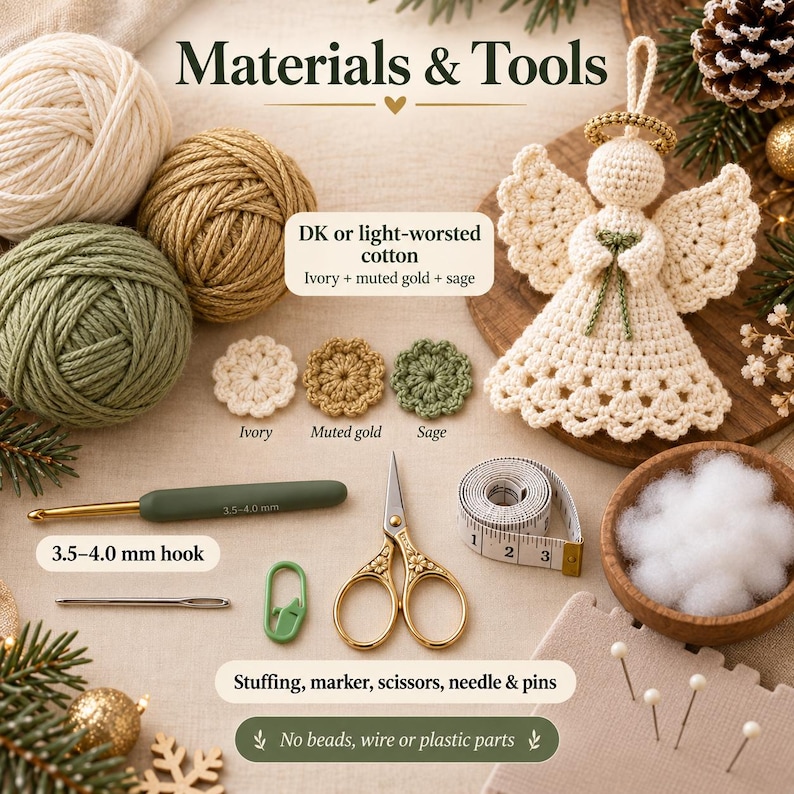 May include: A crochet kit display featuring three yarn balls in ivory, gold, and sage, a finished ivory angel ornament, a 3.5-4.0 mm crochet hook, gold scissors, a measuring tape, a needle, a stitch marker, and white stuffing in a wooden bowl.