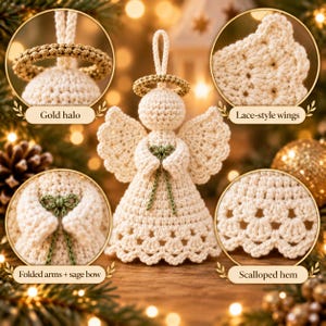 May include: A cream-colored crochet angel ornament featuring a gold halo, lace-style wings, and a sage green bow at the center of its folded arms. The figure has a textured body with a scalloped hem and a loop at the top for hanging purposes.