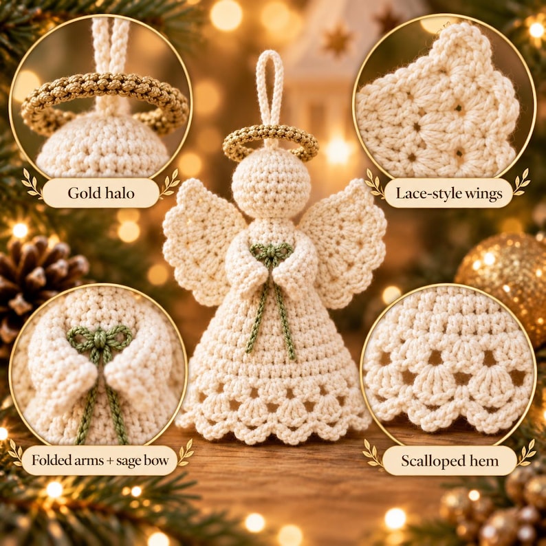 May include: A cream-colored crochet angel ornament featuring a gold halo, lace-style wings, and a sage green bow at the center of its folded arms. The figure has a textured body with a scalloped hem and a loop at the top for hanging purposes.