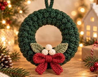 May include: A dark green crocheted wreath ornament featuring a textured, bumpy surface and a small loop at the top for hanging. The wreath is decorated with two light green crocheted leaves, three small white crocheted berries, and a red bow.