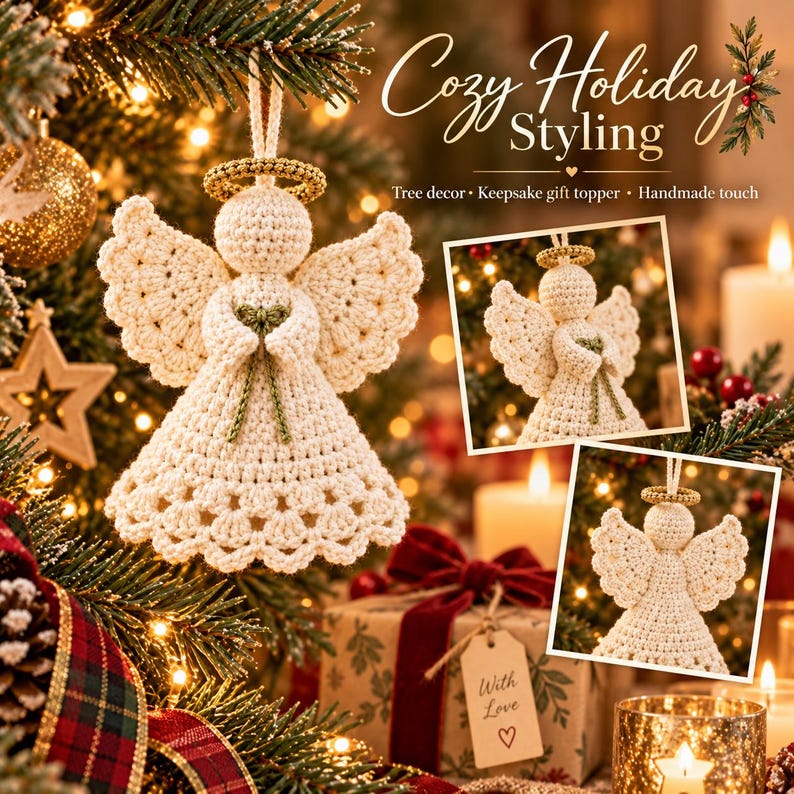 May include: A cream-colored crochet angel ornament with a gold halo and green accents. The text "Cozy Holiday Styling" is visible, along with "Tree decor - Keepsake gift topper - Handmade touch" and a gift tag reading "With Love".