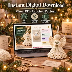 May include: An instant digital download visual PDF crochet pattern for a Christmas angel ornament. The pattern includes 94 pages, is beginner friendly, and can be viewed on a tablet. A finished cream-colored crocheted angel with a gold halo is shown.
