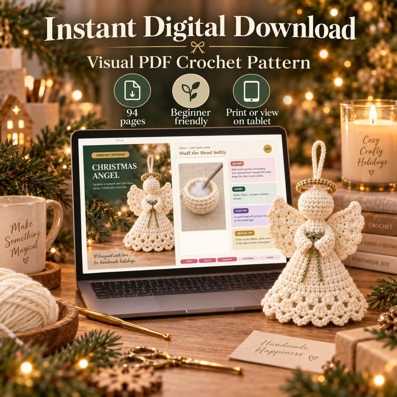 May include: An instant digital download visual PDF crochet pattern for a Christmas angel ornament. The pattern includes 94 pages, is beginner friendly, and can be viewed on a tablet. A finished cream-colored crocheted angel with a gold halo is shown.
