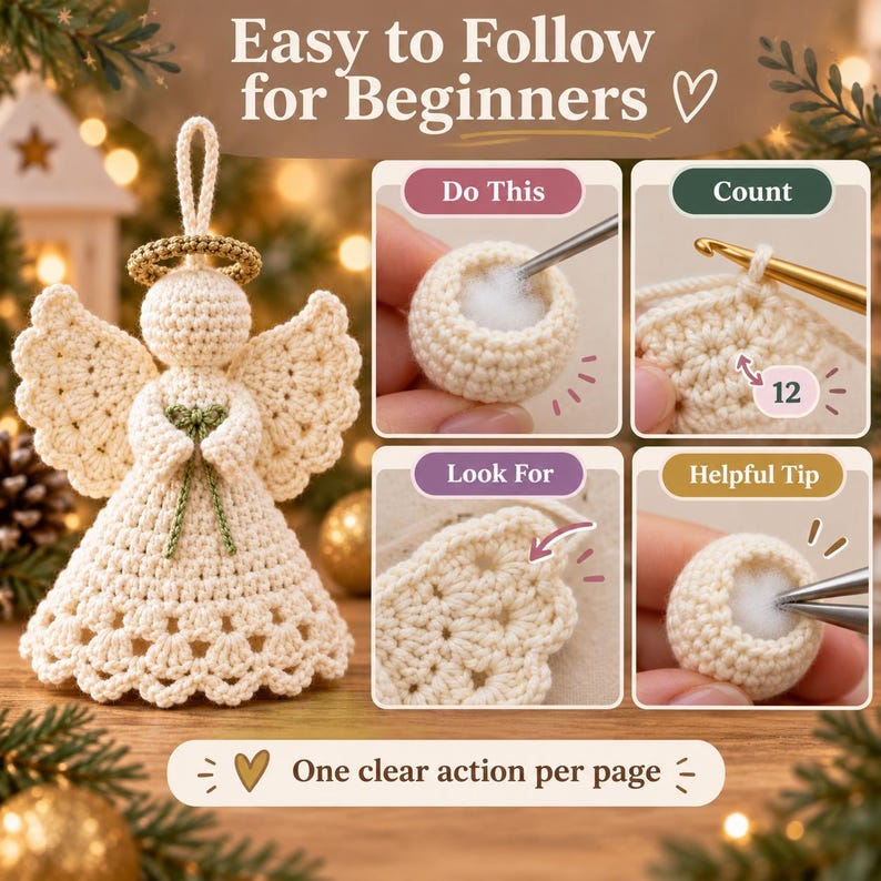 May include: A crochet pattern guide featuring a cream-colored angel ornament with a gold halo and green ribbon. The image includes instructional panels labeled Do This, Count, Look For, and Helpful Tip, with text stating Easy to Follow for Beginners.
