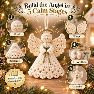 May include: A crochet angel ornament with a cream-colored body, gold halo, and green bow. The image displays a step-by-step guide titled Build the Angel in 5 Calm Stages, showing the head, bell dress, wings, arms, and final assembly components.