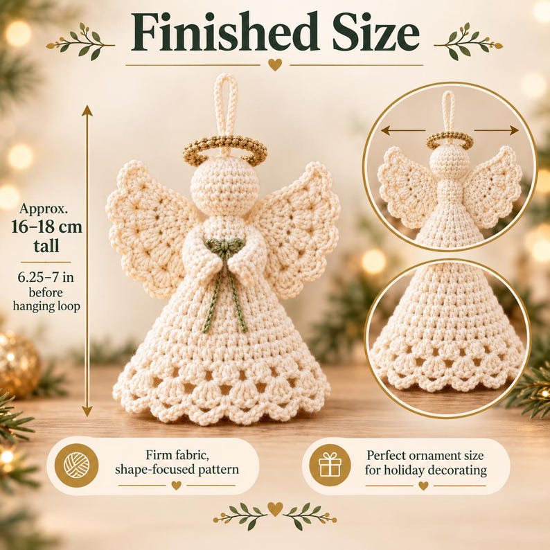 May include: A cream-colored crocheted angel ornament with a gold halo and a small green bow. The text indicates a finished size of approximately 16-18 cm tall, or 6.25-7 inches before the hanging loop. It features a firm fabric pattern.