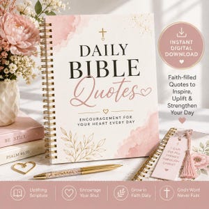 May include: A spiral-bound notebook titled Daily Bible Quotes with a pink watercolor design, gold leaf accents, and a small cross icon. It features the text Encouragement for your heart every day, a gold pen, and a bookmark with the text I can do all things through Christ.