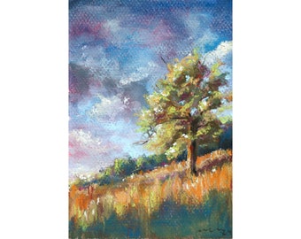 Golden Hour Tree Study - Original Pastel Landscape Drawing 5x7" - Ready to Ship