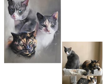 Custom Realistic Multi-Pet Portrait Drawing - Memorial Pet Portrait, Realistic Pet Portrait, Cat Portrait, Dog Portrait, Horse Portrait