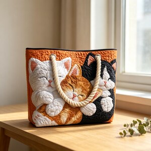 May include: A quilted orange tote bag featuring an embroidered design of three sleeping kittens in white, ginger, and black and white colors. The bag includes two thick, cream-colored twisted rope handles attached with silver-toned metal grommets.