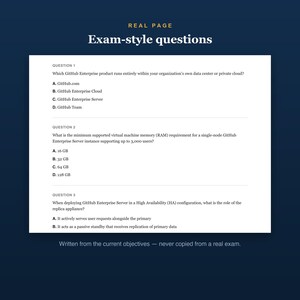 Puede incluir: Un documento blanco titulado Real Page Exam-style questions que presenta tres preguntas de opci&oacute;n m&uacute;ltiple sobre GitHub Enterprise Server, incluyendo consultas sobre despliegue en centros de datos, requisitos de RAM y alta disponibilidad.