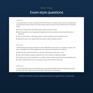 May include: A white document titled Real Page Exam-style questions on a dark blue background. It contains three multiple-choice questions about cloud-native design, OCI Compute, API packaging, and deployment postures with four options each.