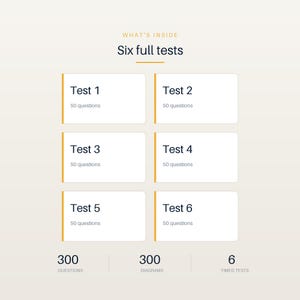 Pode incluir: Um gr&aacute;fico intitulado WHAT'S INSIDE Six full tests, apresentando seis caixas retangulares brancas rotuladas de Test 1 a Test 6, cada uma indicando 50 perguntas. Abaixo est&atilde;o os totais 300 QUESTIONS, 300 DIAGRAMS e 6 TIMED TESTS.