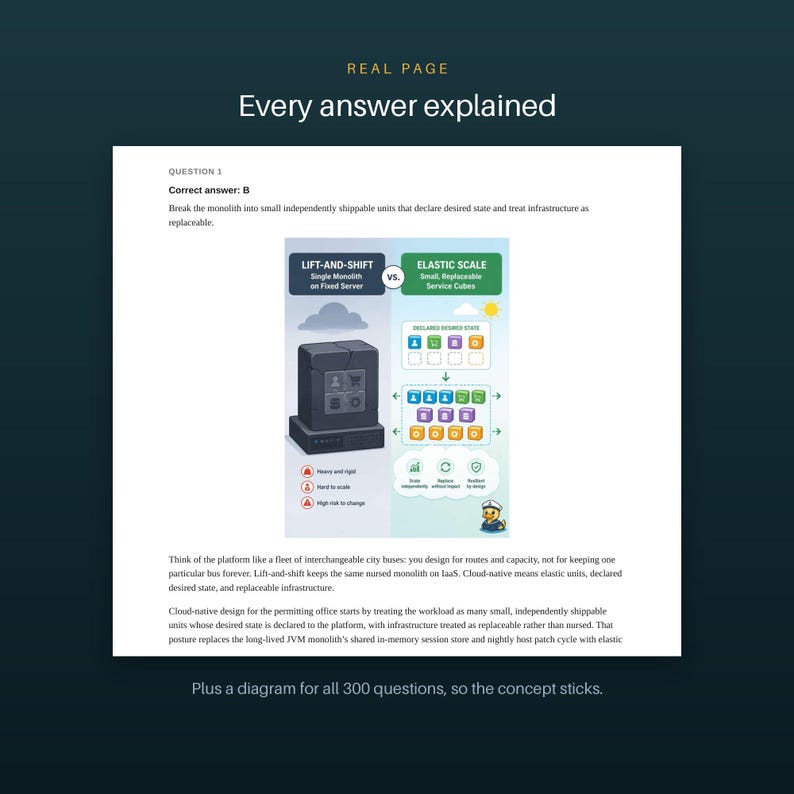 May include: An educational infographic titled Real Page Every answer explained, featuring a comparison diagram between a grey monolith on a fixed server and elastic scale service cubes, with text explaining cloud-native infrastructure concepts.