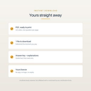 May include: A digital information graphic titled Yours straight away, featuring four white rectangular boxes with orange checkmarks. The text lists features including PDF ready to print, US Letter size, one file to download, answer key with explanations, and access that is yours forever without app or login requirements.