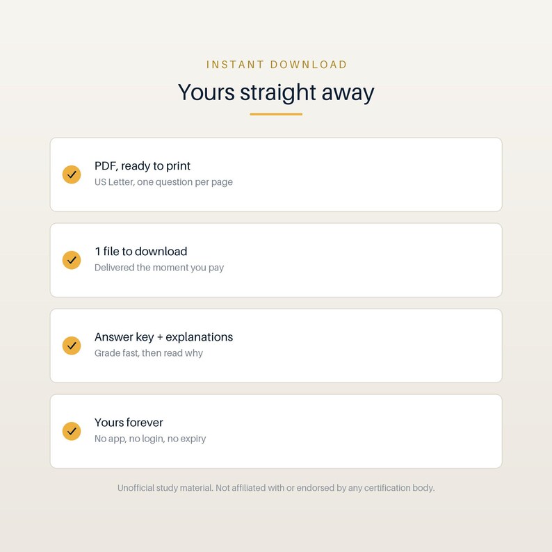 May include: A digital information graphic titled Yours straight away, featuring four white rectangular boxes with orange checkmarks. The text lists features including PDF ready to print, US Letter size, one file to download, answer key with explanations, and access that is yours forever without app or login requirements.