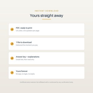 Pode incluir: Um gr&aacute;fico informativo intitulado Yours straight away, apresentando quatro ret&acirc;ngulos brancos com marcas de verifica&ccedil;&atilde;o laranja. O texto detalha caracter&iacute;sticas como PDF pronto para imprimir, tamanho US Letter, um arquivo para download, gabarito com explica&ccedil;&otilde;es e acesso permanente sem aplicativos ou logins.