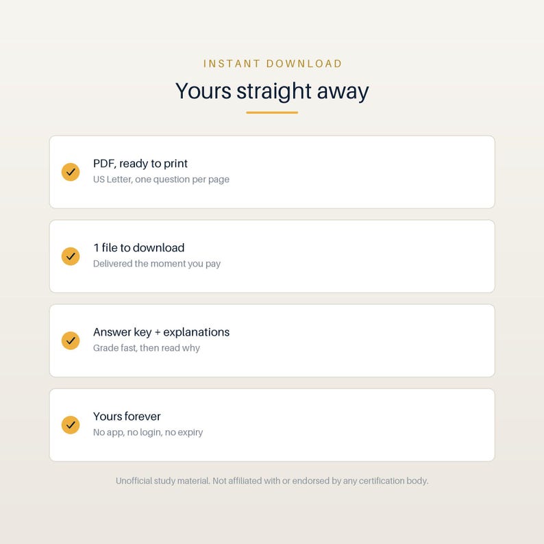 Pode incluir: Um gr&aacute;fico informativo intitulado Yours straight away, apresentando quatro ret&acirc;ngulos brancos com marcas de verifica&ccedil;&atilde;o laranja. O texto detalha caracter&iacute;sticas como PDF pronto para imprimir, tamanho US Letter, um arquivo para download, gabarito com explica&ccedil;&otilde;es e acesso permanente sem aplicativos ou logins.