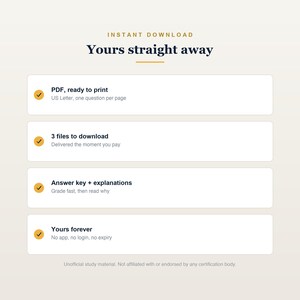 Puede incluir: Un gr&aacute;fico informativo titulado INSTANT DOWNLOAD Yours straight away. Enumera cuatro caracter&iacute;sticas con marcas de verificaci&oacute;n naranjas: PDF, listo para imprimir US Letter; 3 archivos para descargar; Clave de respuestas + explicaciones; y Tuyo para siempre.