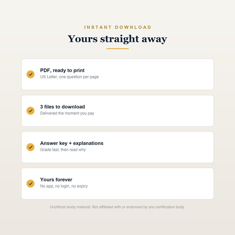 Puede incluir: Un gr&aacute;fico informativo titulado INSTANT DOWNLOAD Yours straight away. Enumera cuatro caracter&iacute;sticas con marcas de verificaci&oacute;n naranjas: PDF, listo para imprimir US Letter; 3 archivos para descargar; Clave de respuestas + explicaciones; y Tuyo para siempre.
