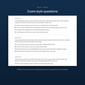 Pode incluir: Um documento branco intitulado REAL PAGE Exam-style questions apresentando tr&ecirc;s quest&otilde;es t&eacute;cnicas de m&uacute;ltipla escolha sobre interface de portal, balanceadores de carga e armazenamento de sess&atilde;o. O texto inclui cen&aacute;rios de rede e op&ccedil;&otilde;es de A a D.