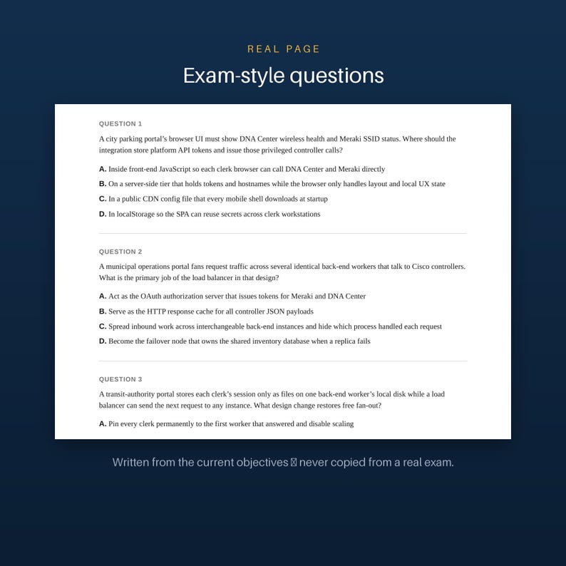 Pode incluir: Um documento branco intitulado REAL PAGE Exam-style questions apresentando tr&ecirc;s quest&otilde;es t&eacute;cnicas de m&uacute;ltipla escolha sobre interface de portal, balanceadores de carga e armazenamento de sess&atilde;o. O texto inclui cen&aacute;rios de rede e op&ccedil;&otilde;es de A a D.