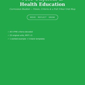 Op de afbeelding: Een groen curriculumboekje getiteld MYP Physical & Health Education, Curriculum Design MYP 1-5. Het bevat de tekst Move, Reflect, Grow, somt 4 PHE-criteria op, 25 originele eenheden, 1 uitgewerkt voorbeeld, 5 lege sjablonen en RootsAndReach.