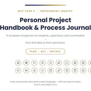 Könnte beinhalten: Ein weißes Dokumentencover mit dem Titel Personal Project Handbook & Process Journal, MYP Year 5 Independent Inquiry. Es enthält den Text A complete companion for students, supervisors, and coordinators from first idea to final submission.