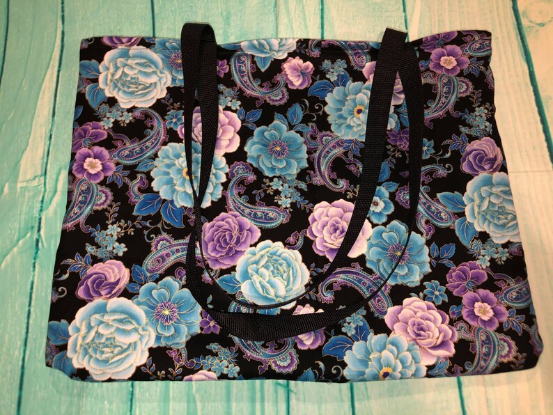 Blue and Purple Flowers with Gold Outline Cotton Fabric Tote Made to Order