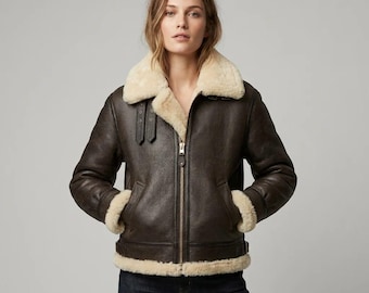 Women's Genuine Shearling Jacket B3 Aviator Bomber Coat Real Sheepskin Winter Jacket For Women