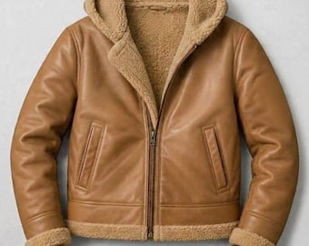 Men's Tan Shearling Hooded Leather Jacket
