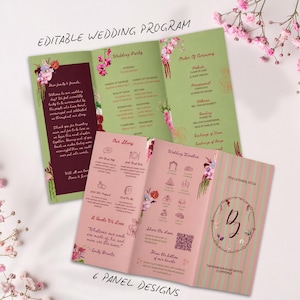 May include: A tri-fold wedding program featuring a sage green panel with floral accents and a dark maroon text block, alongside a second tri-fold panel in blush pink with striped patterns, a floral monogram, and a QR code for wedding details.