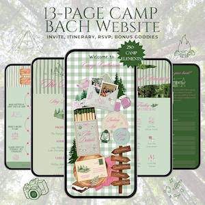 May include: A 13-page digital camp-themed website template for a bachelorette party, featuring a sage green and white gingham background, pink text, and illustrations of matchboxes, pine trees, lanterns, and wooden directional signs.