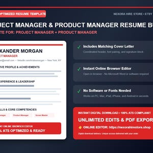 May include: A digital CV template bundle for project and product managers featuring a white document layout with black text, red accents, and a dark background. Includes sections for contact info, profile, experience, and skills, plus online editor access.