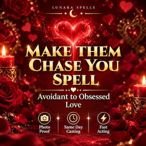 May include: A digital graphic titled LUNARA SPELLS featuring the text MAKE THEM CHASE YOU SPELL and Avoidant to Obsessed Love. The background is deep red with roses, glowing hearts, and two lit candles. Icons indicate Photo Proof, Same Day Casting, and Fast Acting.