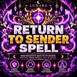 May include: A digital graphic titled LUNARA RETURN TO SENDER SPELL featuring a central shield icon, purple cosmic clouds, and glowing text. It includes icons for protection, returning negativity, cleansing energy, and peace and balance.