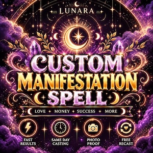 May include: A digital graphic featuring the text LUNARA at the top, followed by CUSTOM MANIFESTATION SPELL in large gold and purple letters. Below, the text reads LOVE, MONEY, SUCCESS, MORE, with icons for fast results, same day casting, photo proof, and free recast.