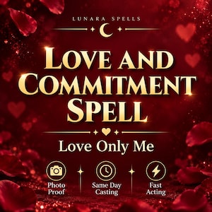 May include: A deep red graphic featuring the text LUNARA SPELLS, LOVE AND COMMITMENT SPELL, and Love Only Me. The design includes a crescent moon, heart icons, and three circular symbols with icons for a camera, clock, and lightning bolt.