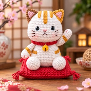 Op de afbeelding: Een gehaakt kattenfiguurtje in wit en oranje met een rode halsband en een klein geel belletje. De kat heeft donkere ogen, roze binnenoren en één opgeheven poot. Het zit op een vierkant rood gehaakt kussentje met kwastjes aan de hoeken.