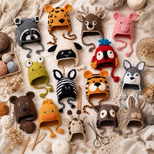 May include: A collection of fifteen crocheted animal hats featuring various designs including a raccoon, leopard, deer, pig, sheep, parrot, frog, zebra, tiger, wolf, bear, duck, giraffe, owl, and rabbit, all arranged on a textured fabric surface.
